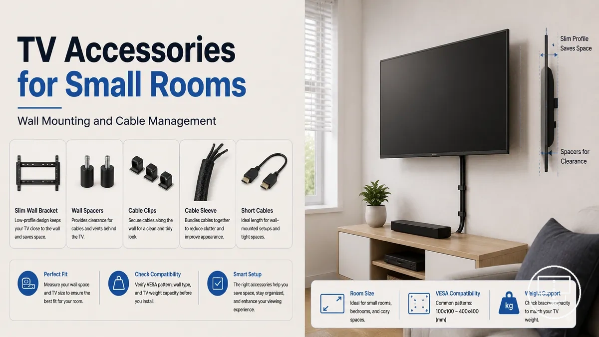 Compact TV setup accessories for a small room with wall mounting and cable management