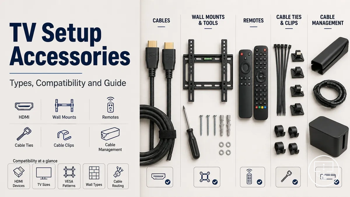 Organized TV setup accessories including cables, mounting tools, remotes and cable management items