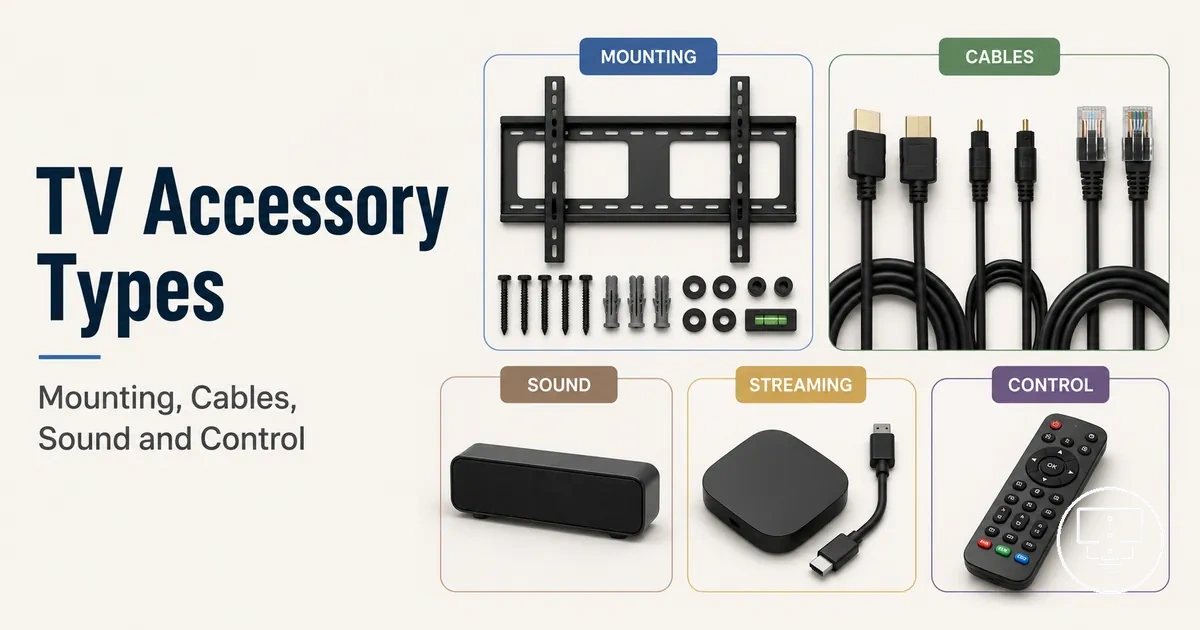 Main types of TV setup accessories grouped by mounting, cables, sound, streaming and control