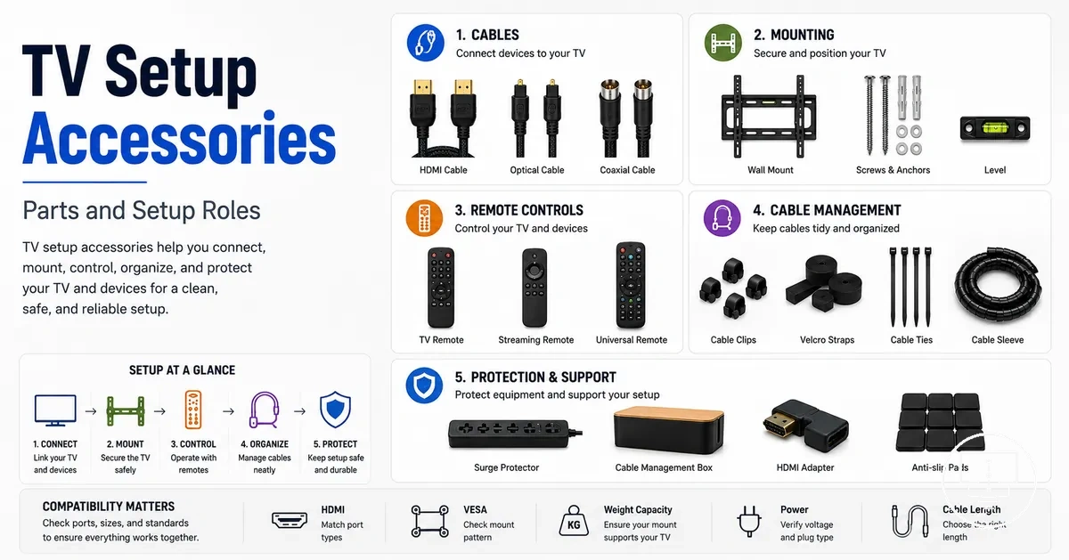 Different TV setup accessories arranged by their setup roles and parts