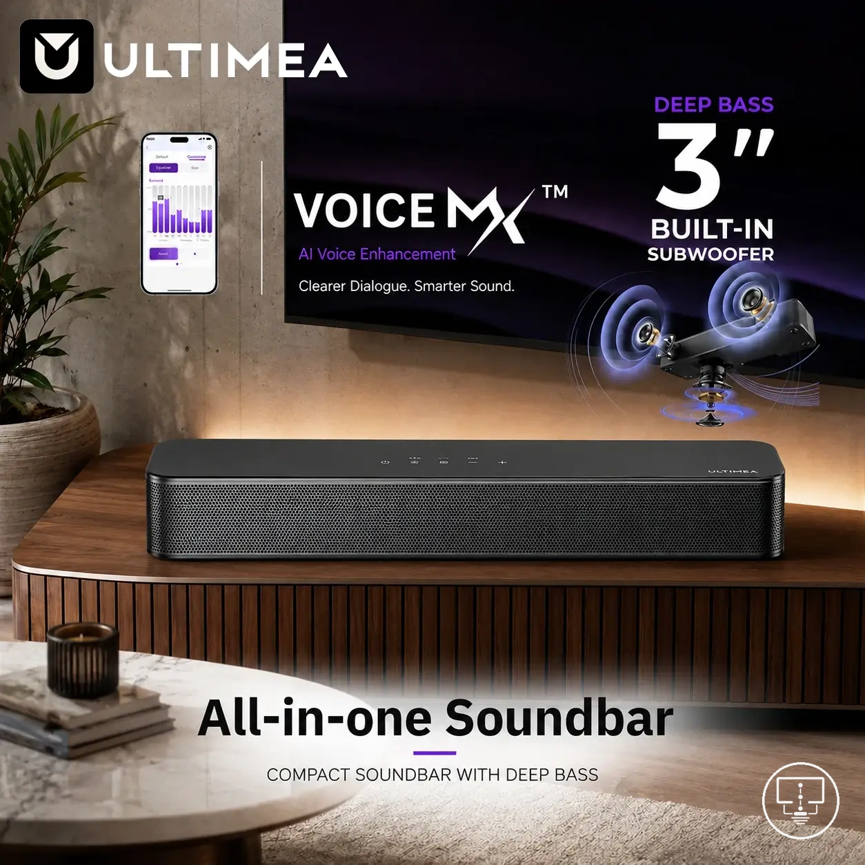 Barra de sonido compacta para TV con subwoofer integrado y soporte de pared