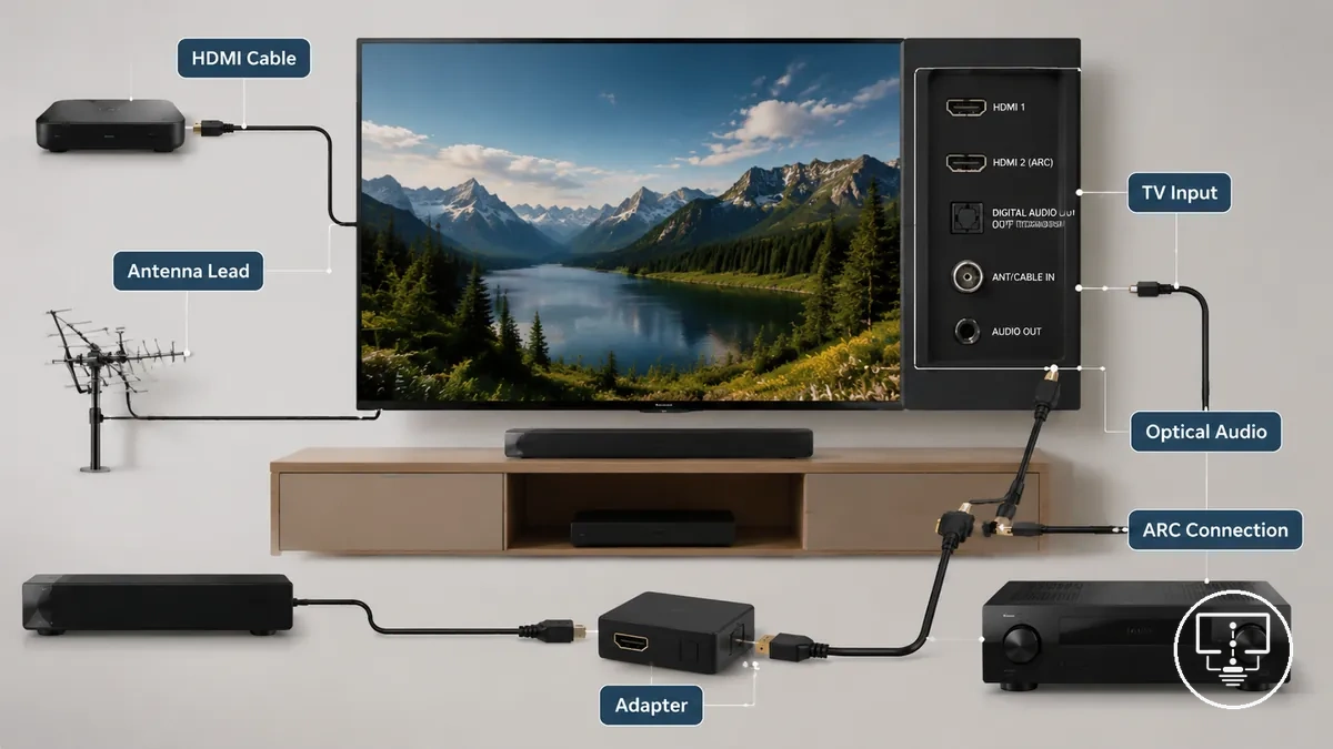 Accesorios de conexión HDMI, antena y audio para la instalación de TV