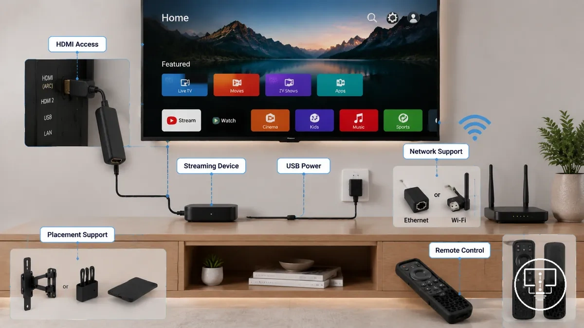 Accesorios de configuración para streaming y Smart TV que incluyen elementos HDMI, de alimentación, de red y para el mando
