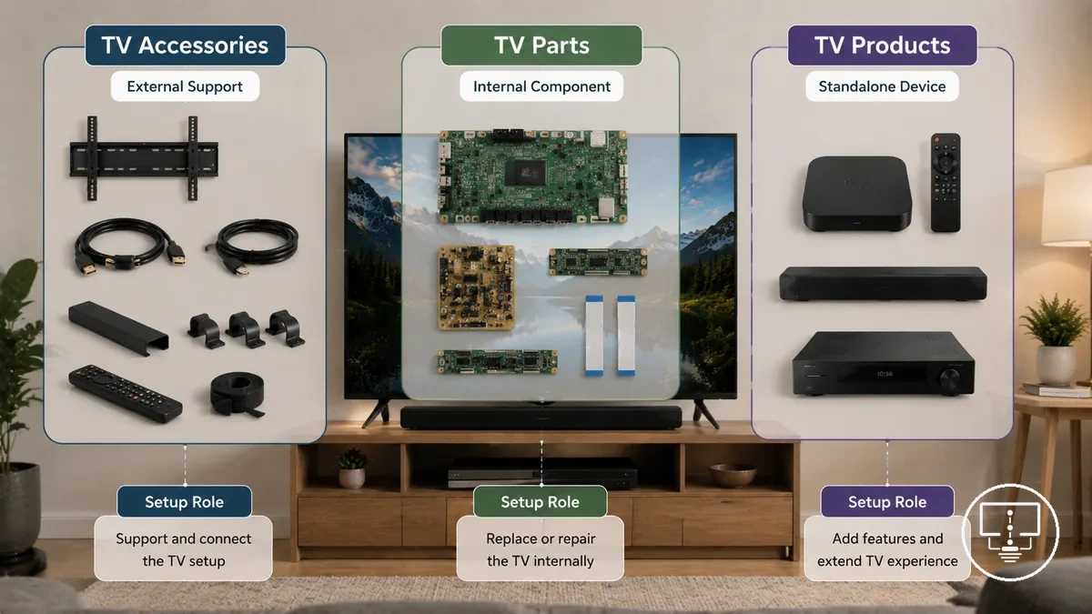 Comparación de accesorios para TV, partes de TV y productos de TV por rol de configuración y función