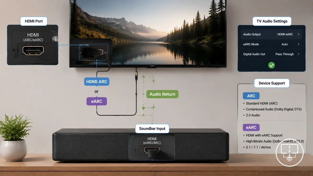 Cables HDMI ARC y eARC conectados entre una TV y una barra de sonido que muestran la ruta de retorno de audio