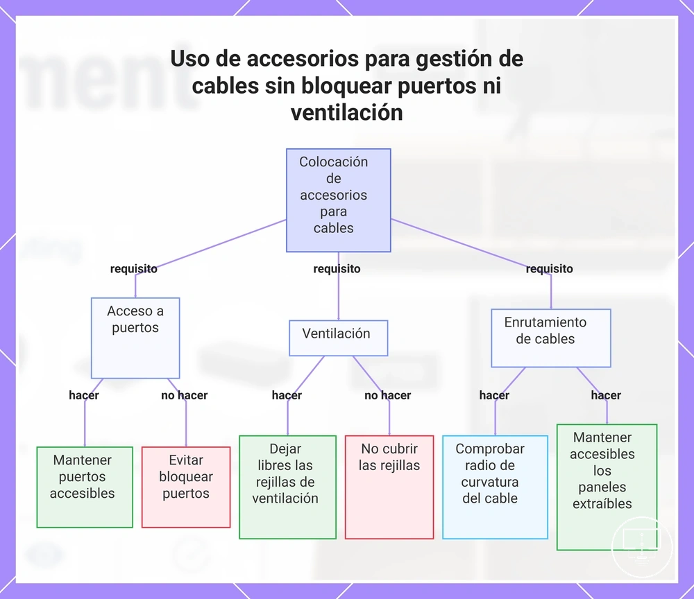Uso de accesorios para gestión de cables sin bloquear puertos ni ventilación