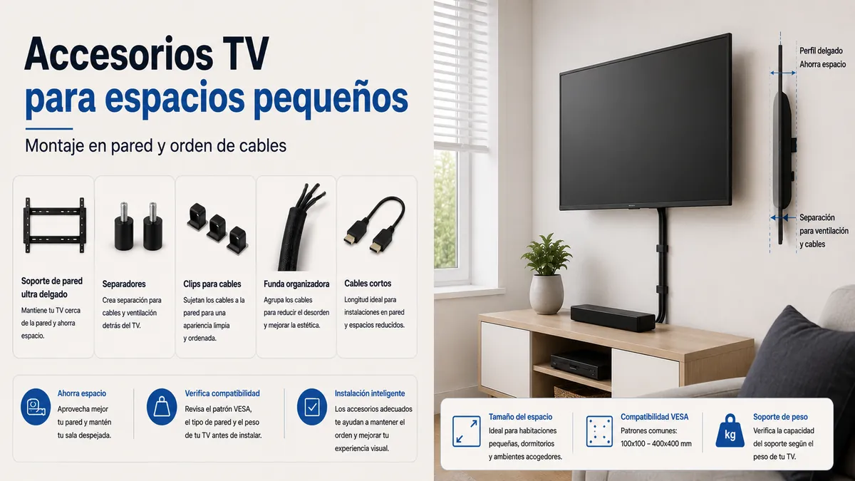 Accesorios compactos para configurar la TV en una habitación pequeña con montaje en pared y organización de cables
