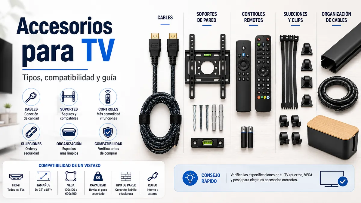 Accesorios para configurar la TV organizados con cables, piezas de montaje, mandos y sistemas para ordenar cables