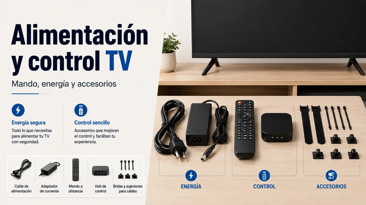 Accesorios de alimentación, mando y control colocados junto a una instalación de TV