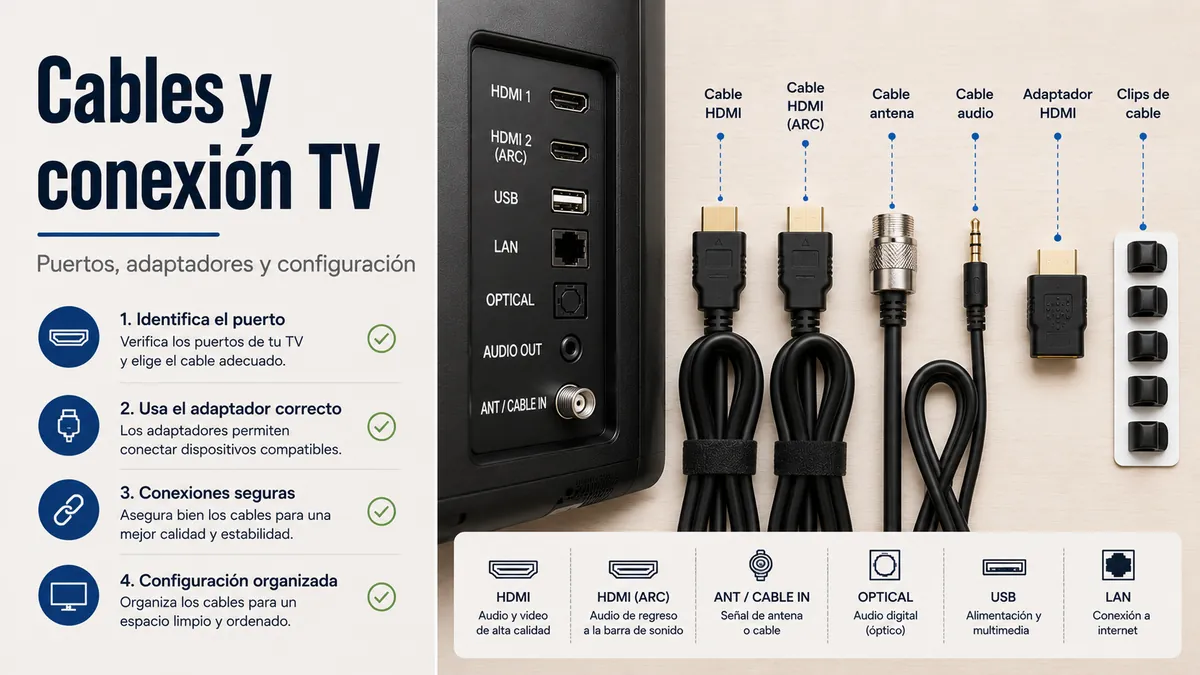 Cables y accesorios de conexión colocados junto a los puertos de entrada de una televisión