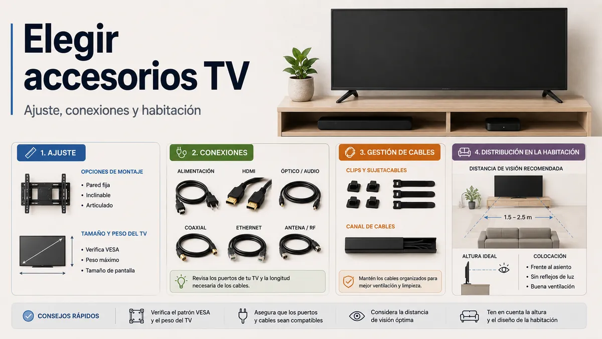 Accesorios para configurar la TV comparados por ajuste, conexiones necesarias y distribución de la habitación
