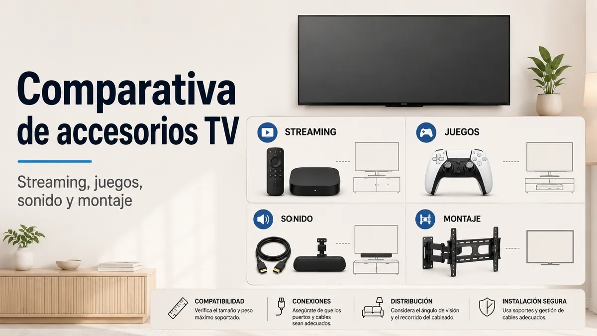 Accesorios para configurar la TV comparados por usos de streaming, juegos, sonido y montaje en pared