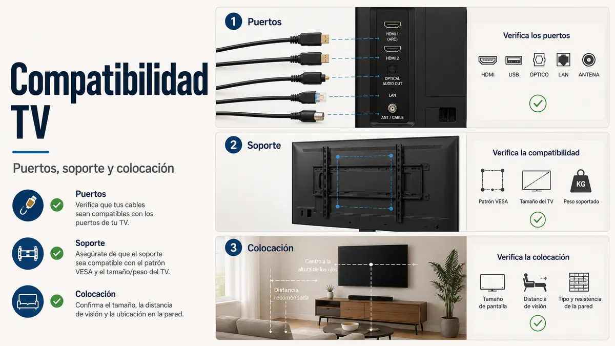 Accesorios para TV revisados por puertos, ajuste del soporte y colocación