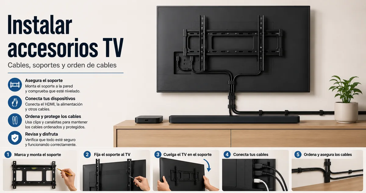Accesorios para configurar la TV instalados con cables, soportes y piezas para ordenar cables