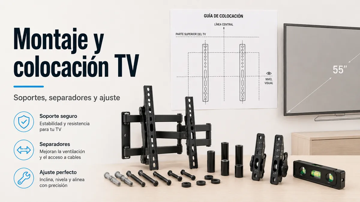 Accesorios de montaje y colocación para TV con soportes, separadores y piezas de ajuste