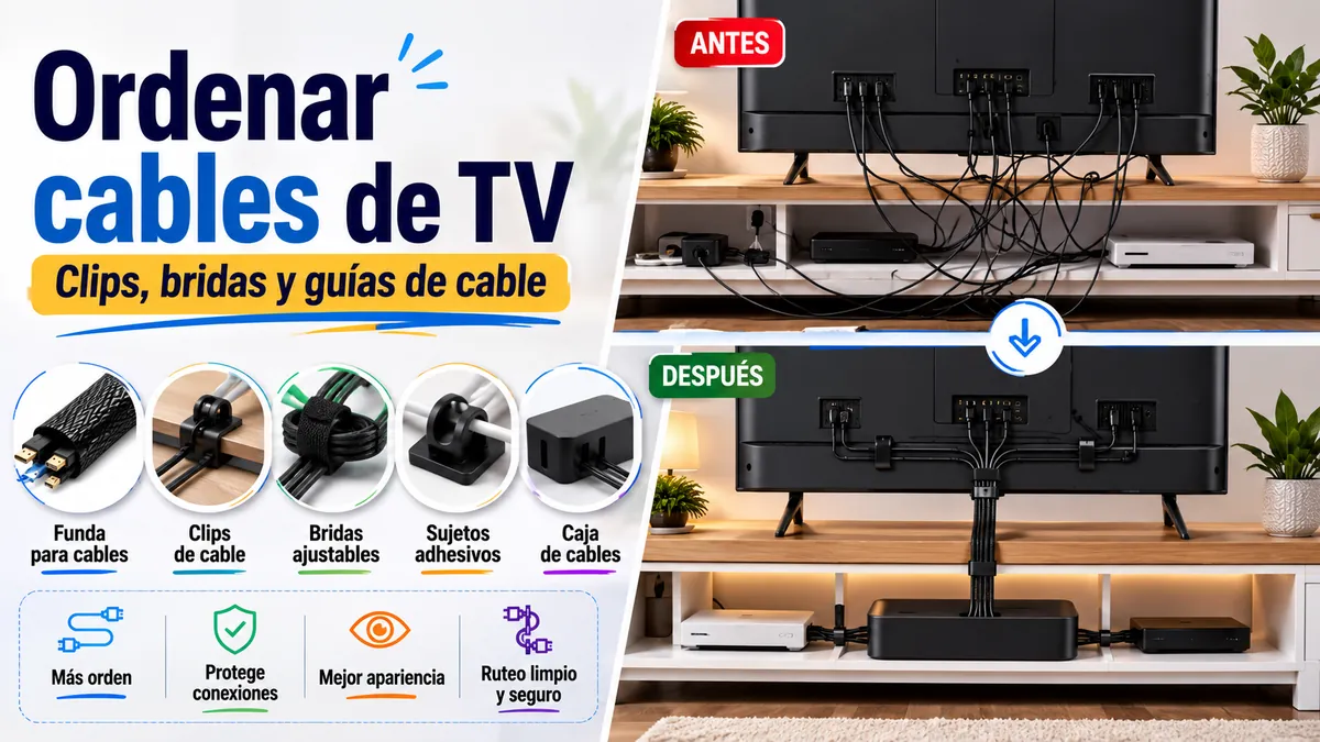 Accesorios para ordenar cables detrás y debajo de una instalación de TV