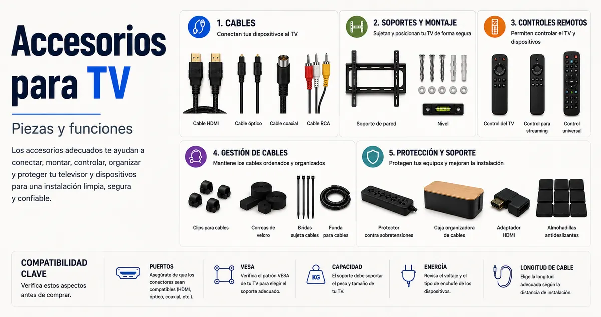 Distintos accesorios para configurar la TV ordenados por piezas y funciones