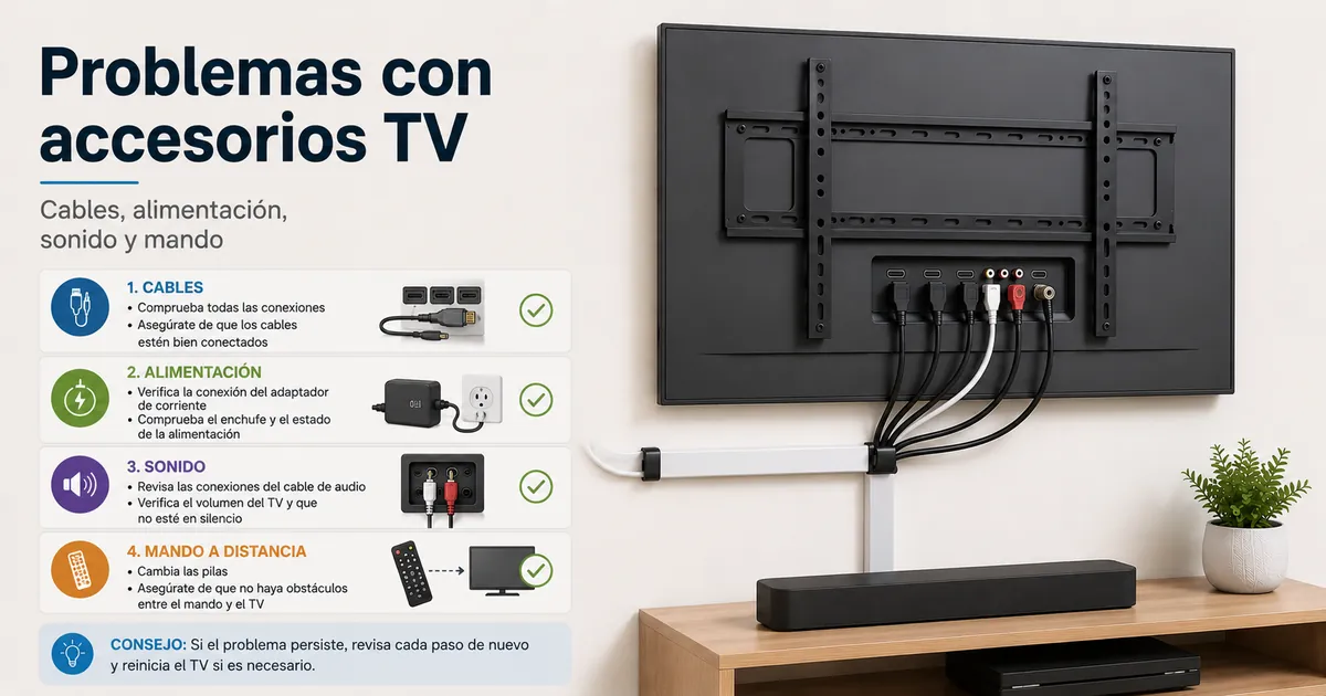 Accesorios para configurar la TV revisados por problemas de cables, alimentación, sonido y mando
