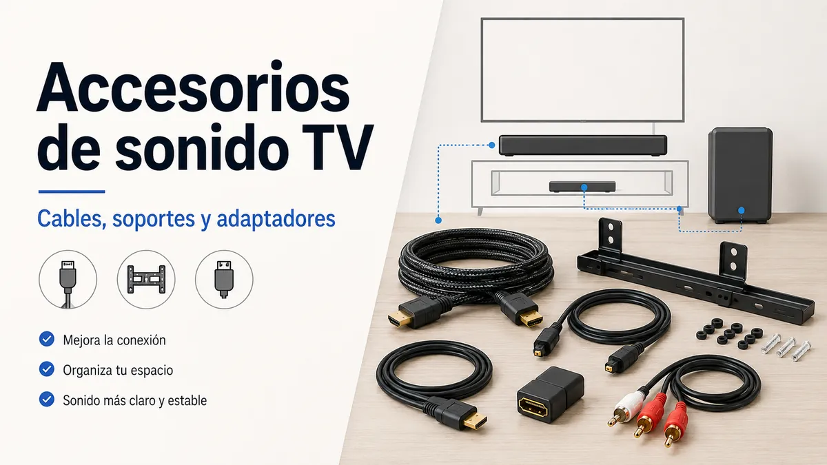 Accesorios para configurar el sonido de la TV con cables de audio, soportes para barra de sonido y adaptadores