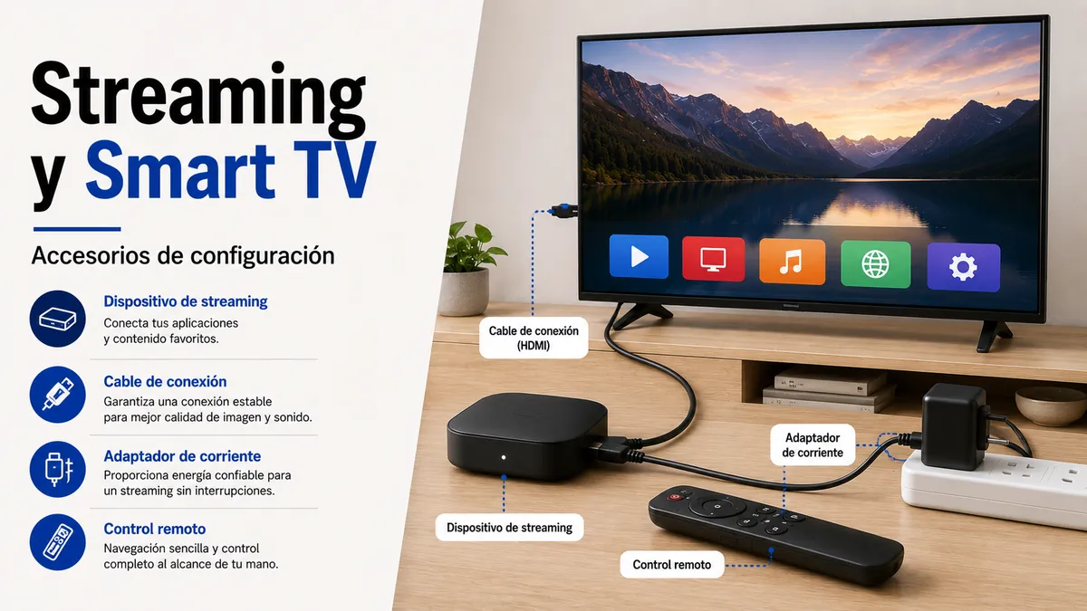 Accesorios para streaming y Smart TV conectados cerca de una televisión