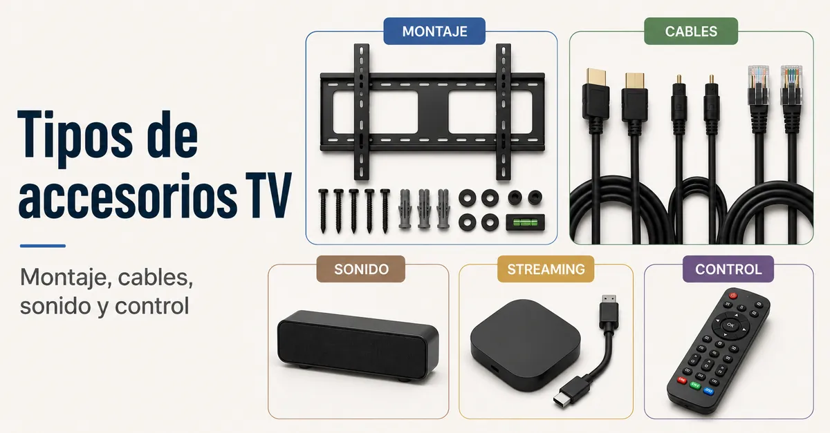 Tipos principales de accesorios para configurar la TV agrupados por montaje, cables, sonido, streaming y control