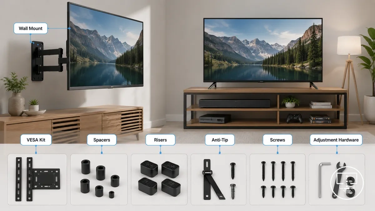 Vue d ensemble des accessoires de fixation et de placement pour TV montrant les types de matériel inclus