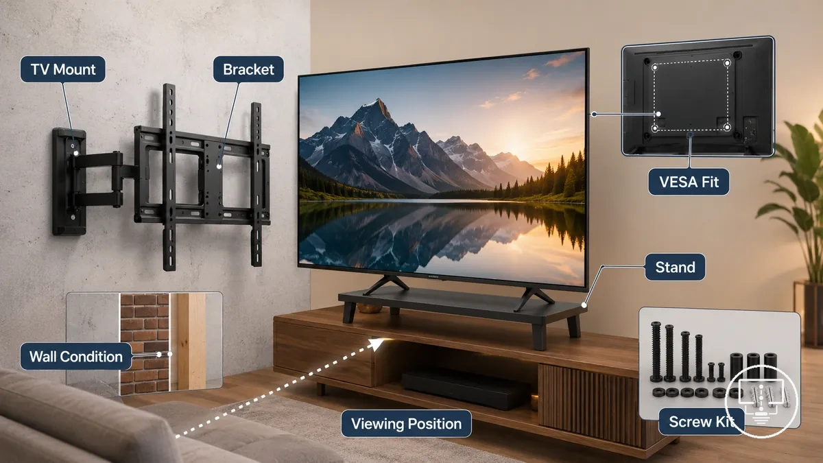 Accessoires de fixation, de placement et de support pour TV avec fixations, entretoises et matériel de support