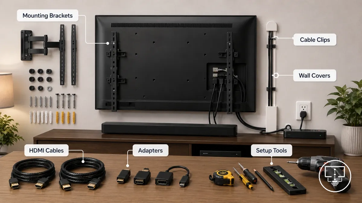 Accessoires pour installation TV en cours d installation avec pièces de montage, câbles et outils de configuration
