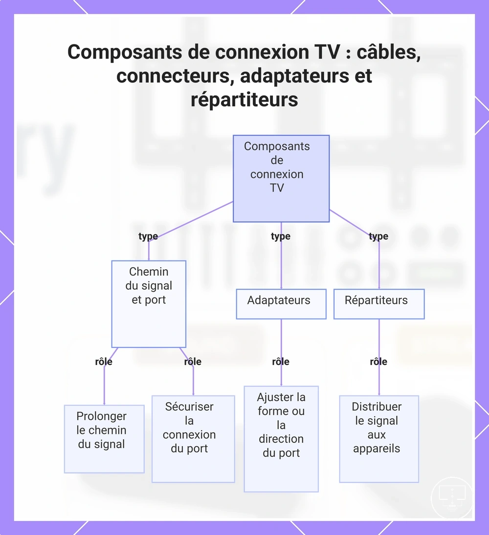Composants de connexion TV : câbles, connecteurs, adaptateurs et répartiteurs