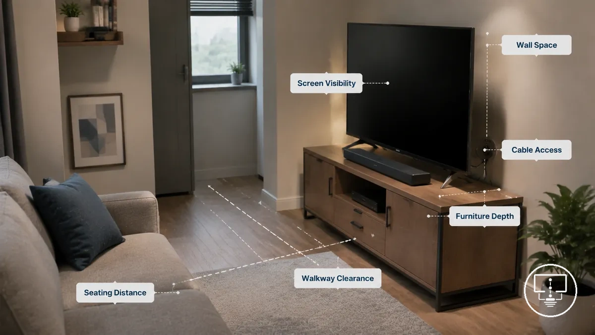 contraintes d installation TV dans une petite pièce montrant la distance de visionnement, le dégagement mural et la profondeur du meuble