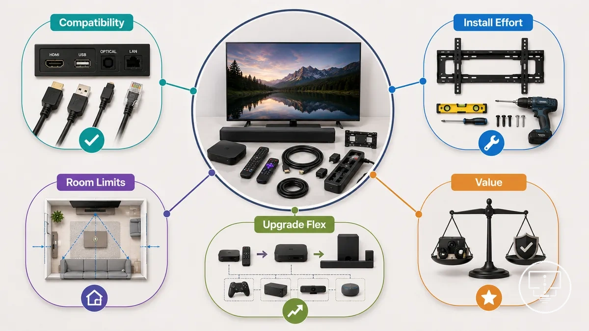 Graphique de comparaison des critères pour les ensembles d’accessoires d’installation TV, incluant la compatibilité, l’effort d’installation, les contraintes de la pièce, la flexibilité de mise à niveau et la valeur