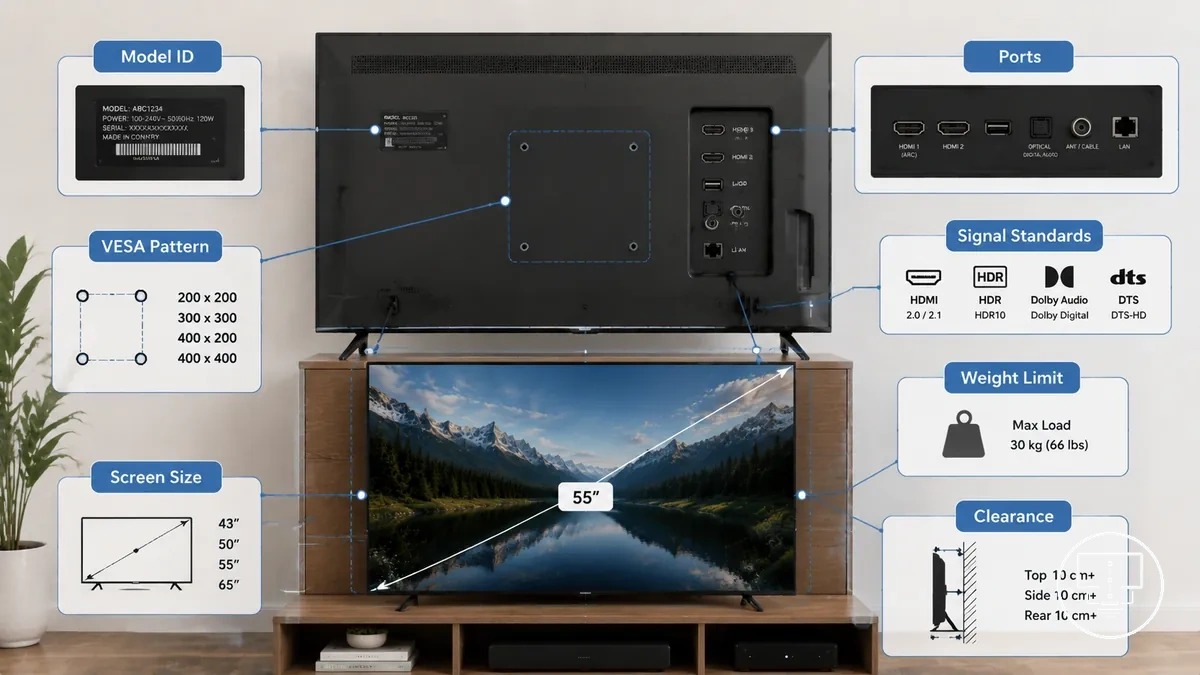 Specifications tv controle ajustement accessoires