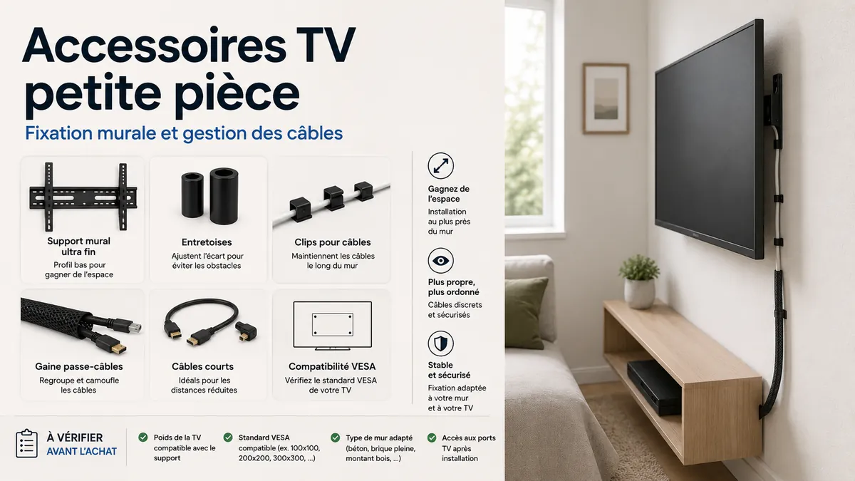 Accessoires compacts pour installer une TV dans une petite pièce avec fixation murale et gestion des câbles