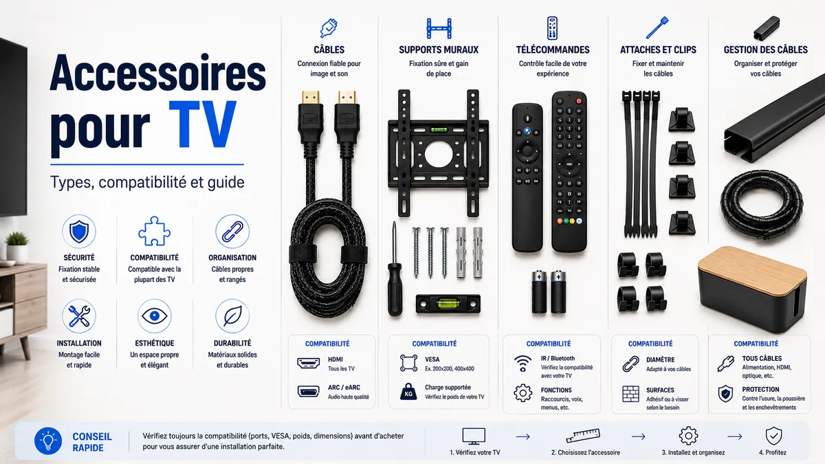 Accessoires pour installer une TV organisés avec câbles, outils de fixation, télécommandes et éléments de gestion des câbles