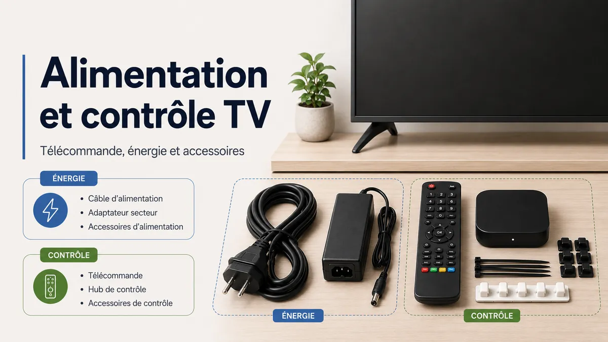 Accessoires d’alimentation, de télécommande et de contrôle placés près d’une installation TV
