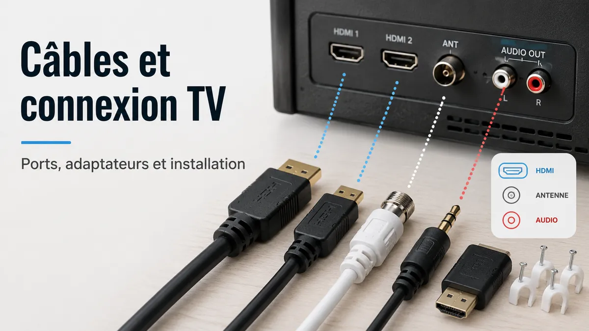 Câbles TV et accessoires de connexion disposés à côté des ports d’entrée d’une télévision
