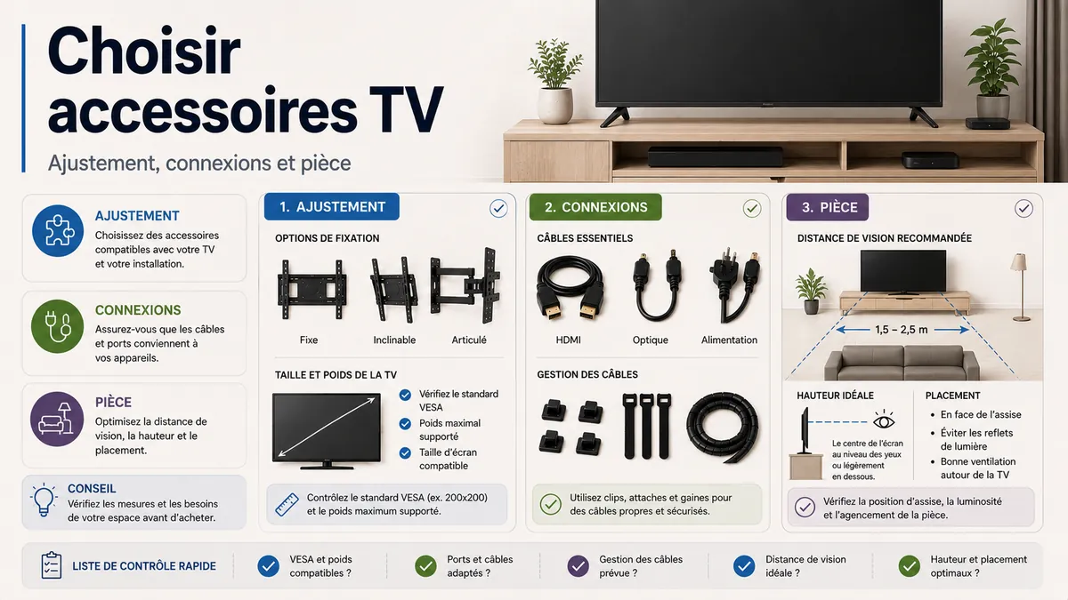 Accessoires pour installer une TV comparés selon l’ajustement, les besoins de connexion et l’agencement de la pièce