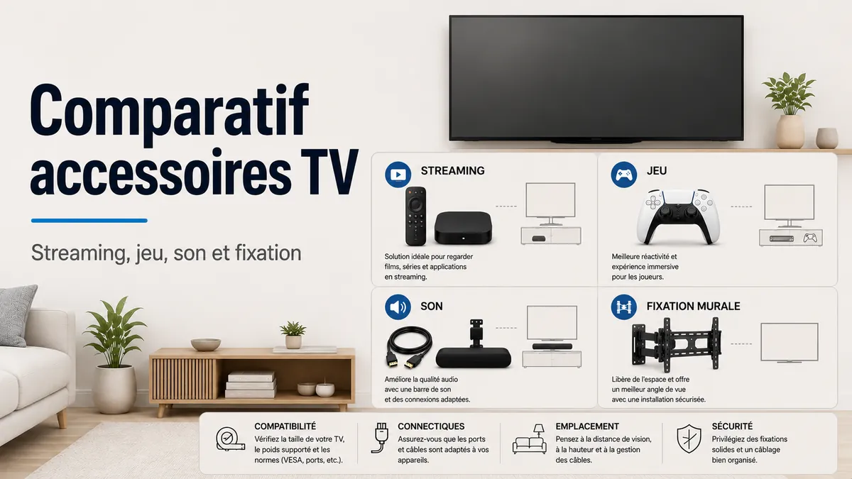Accessoires pour installer une TV comparés selon les usages streaming, jeu, son et fixation murale