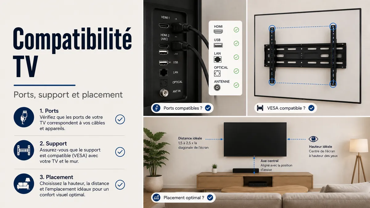 Accessoires pour installer une TV vérifiés selon les ports, l’ajustement du support et le placement dans la pièce