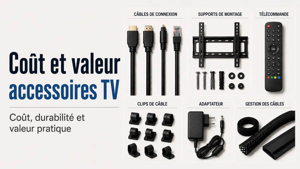 Accessoires pour installer une TV disposés pour comparer le coût, la durabilité et la valeur pratique