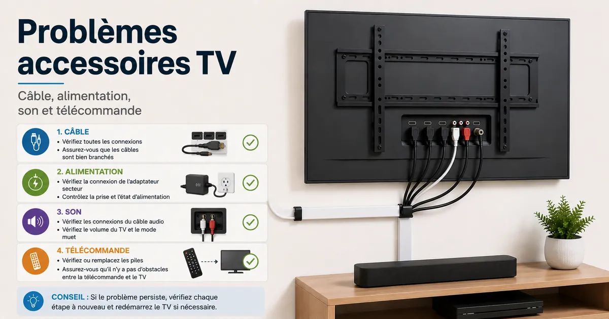 Accessoires pour installer une TV vérifiés pour les problèmes de câble, d’alimentation, de son et de télécommande