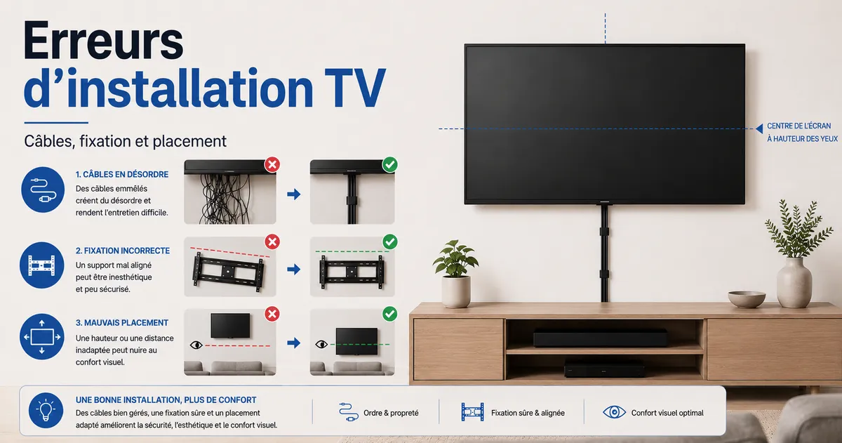 Erreurs courantes d’installation TV corrigées avec des accessoires de câblage, de fixation et de placement