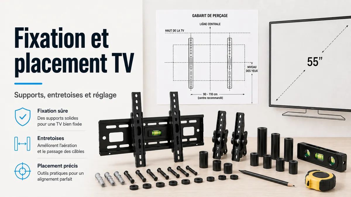 Accessoires de fixation et de placement pour TV avec supports, entretoises et outils de positionnement