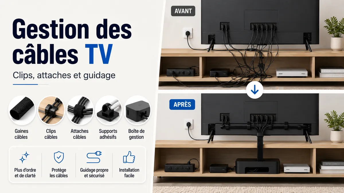 Accessoires de gestion des câbles organisant les fils derrière et sous une installation TV