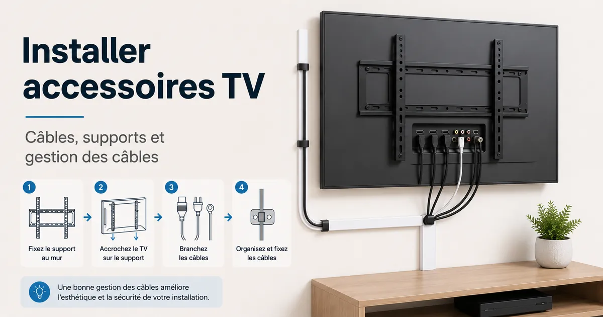 Accessoires pour installer une TV posés avec câbles, supports et éléments de gestion des câbles