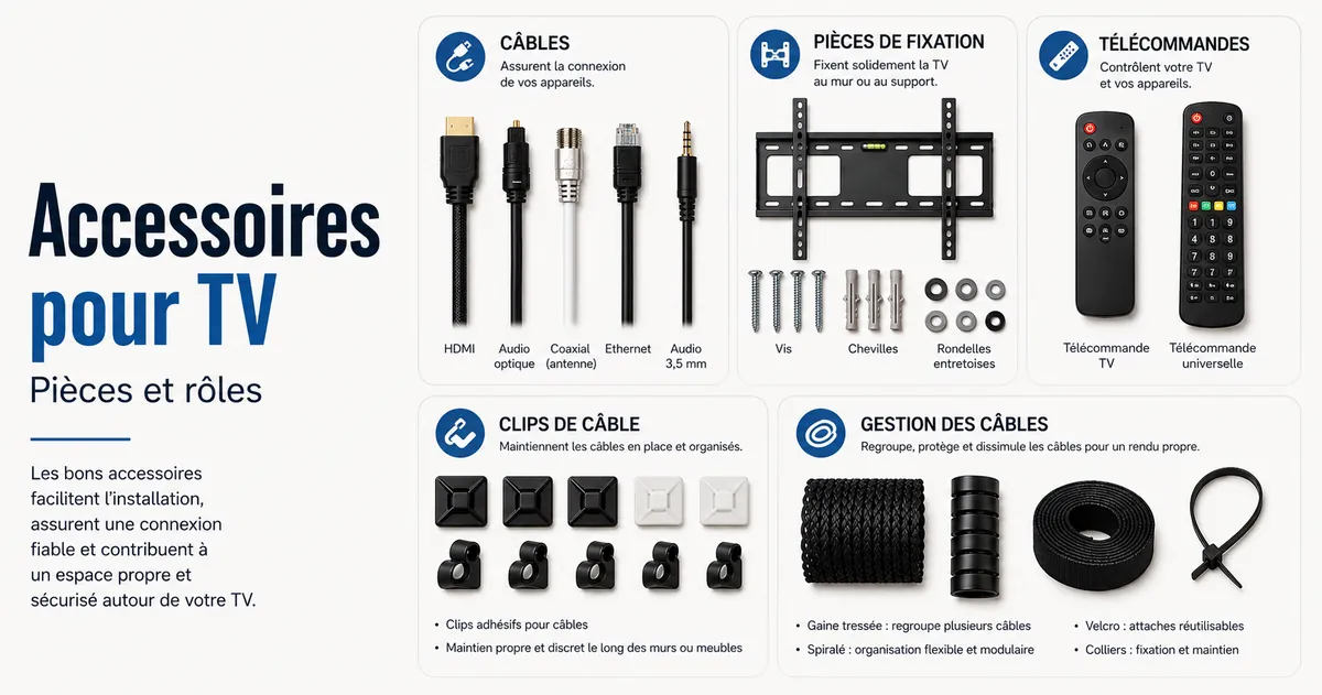 Différents accessoires pour installer une TV classés selon leurs pièces et leurs rôles