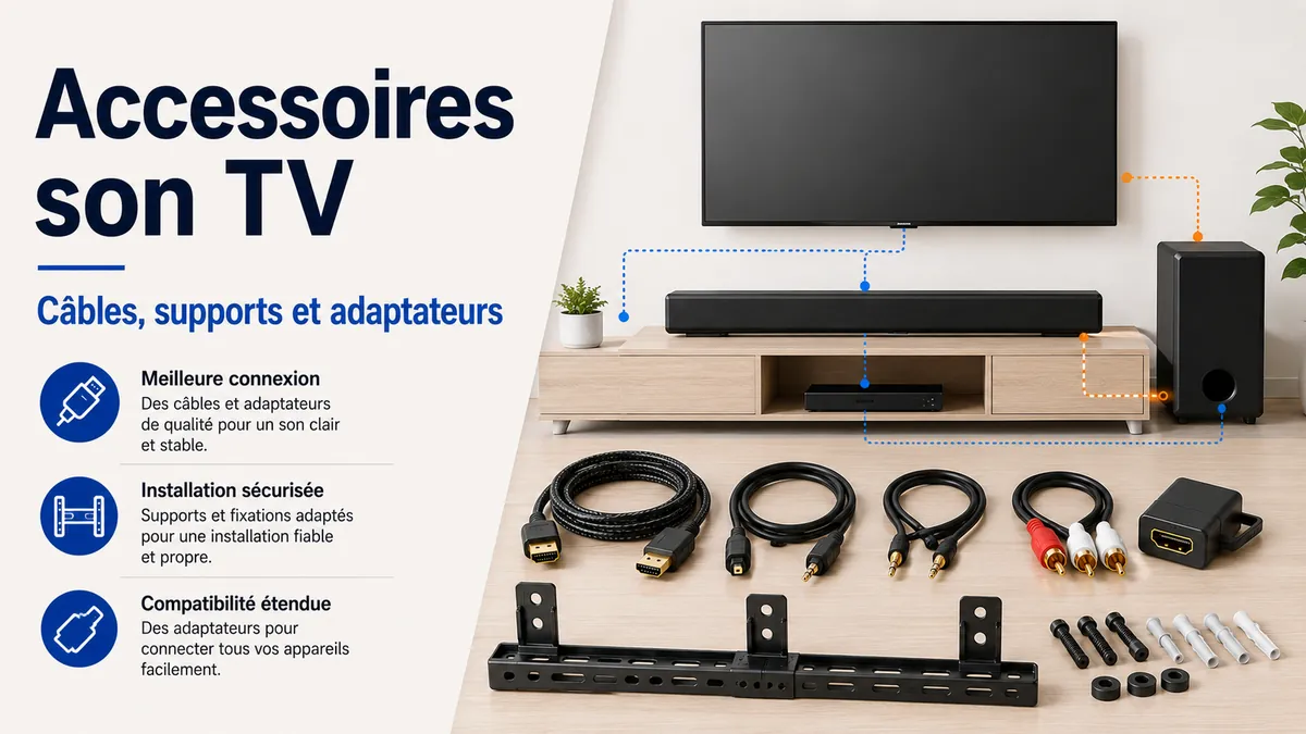 Accessoires pour régler le son de la TV avec câbles audio, supports de barre de son et adaptateurs de connexion