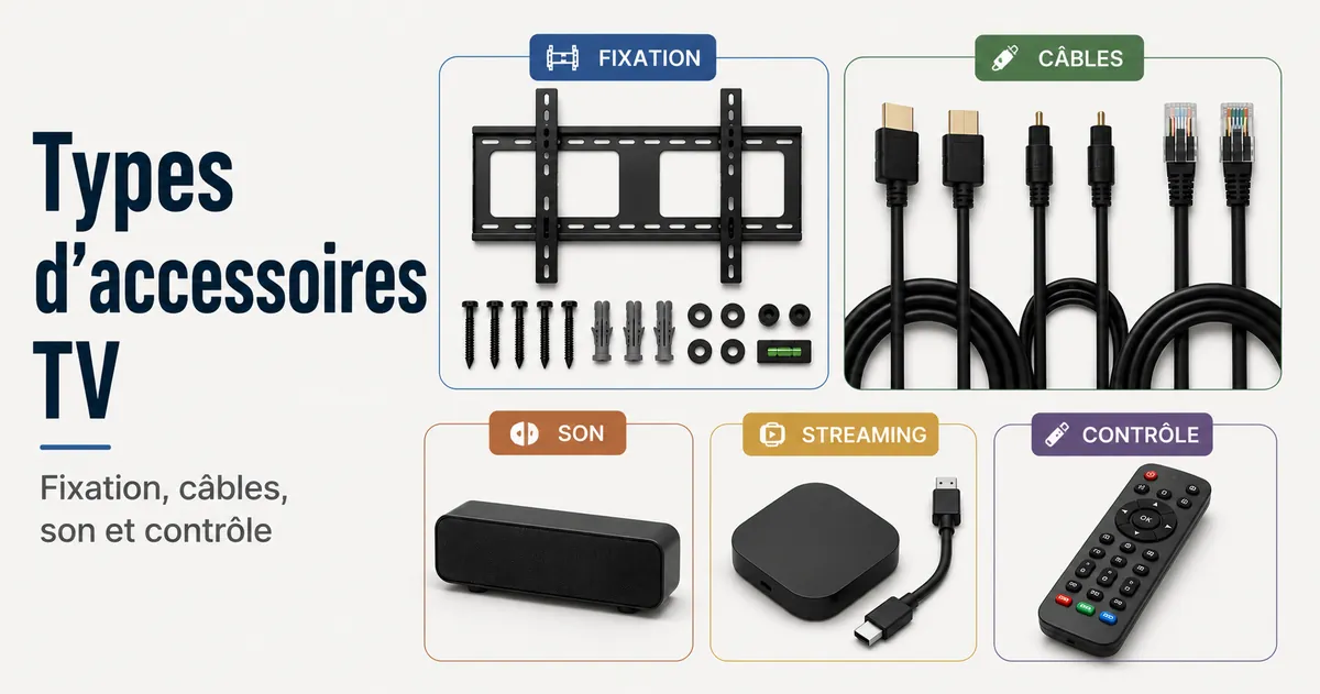 Principaux types d’accessoires pour installer une TV regroupés par fixation, câbles, son, streaming et contrôle