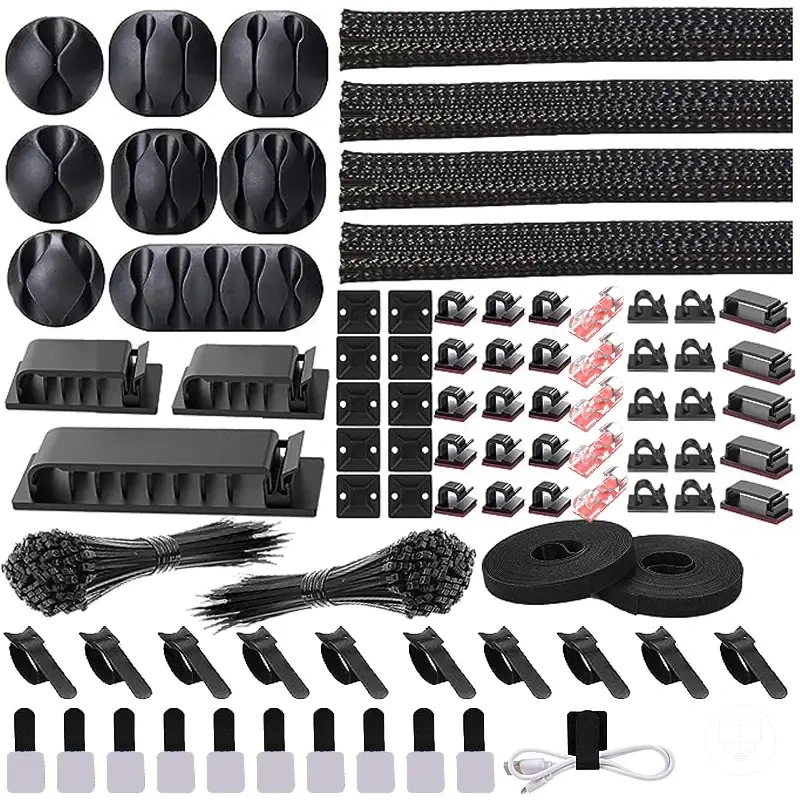 Kit organizador de cabos com abraçadeiras, capa, clipes e suportes