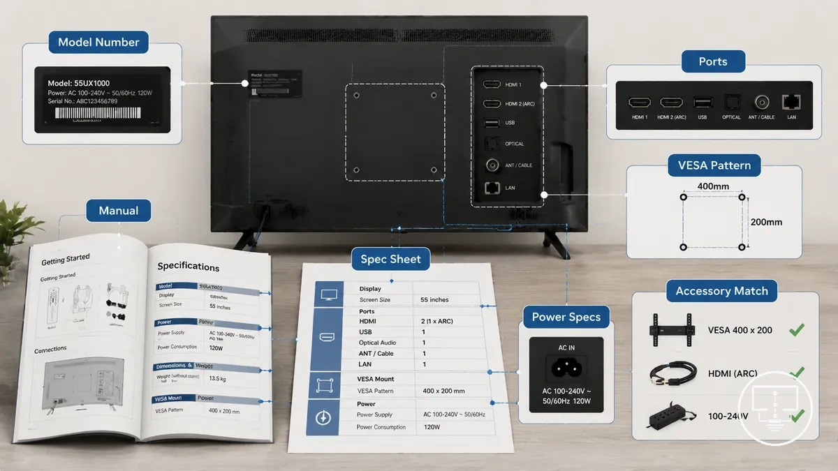 Detalhes do modelo da TV e do manual usados para verificar a compatibilidade dos acessórios